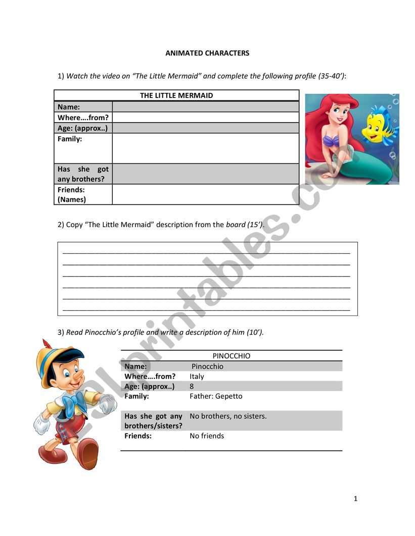 ANIMATED CHARACTERS worksheet