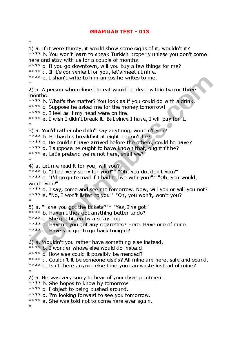 Grammar Test worksheet