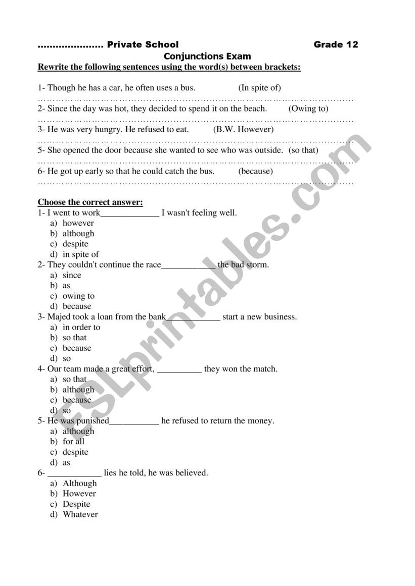 conjunctions test worksheet