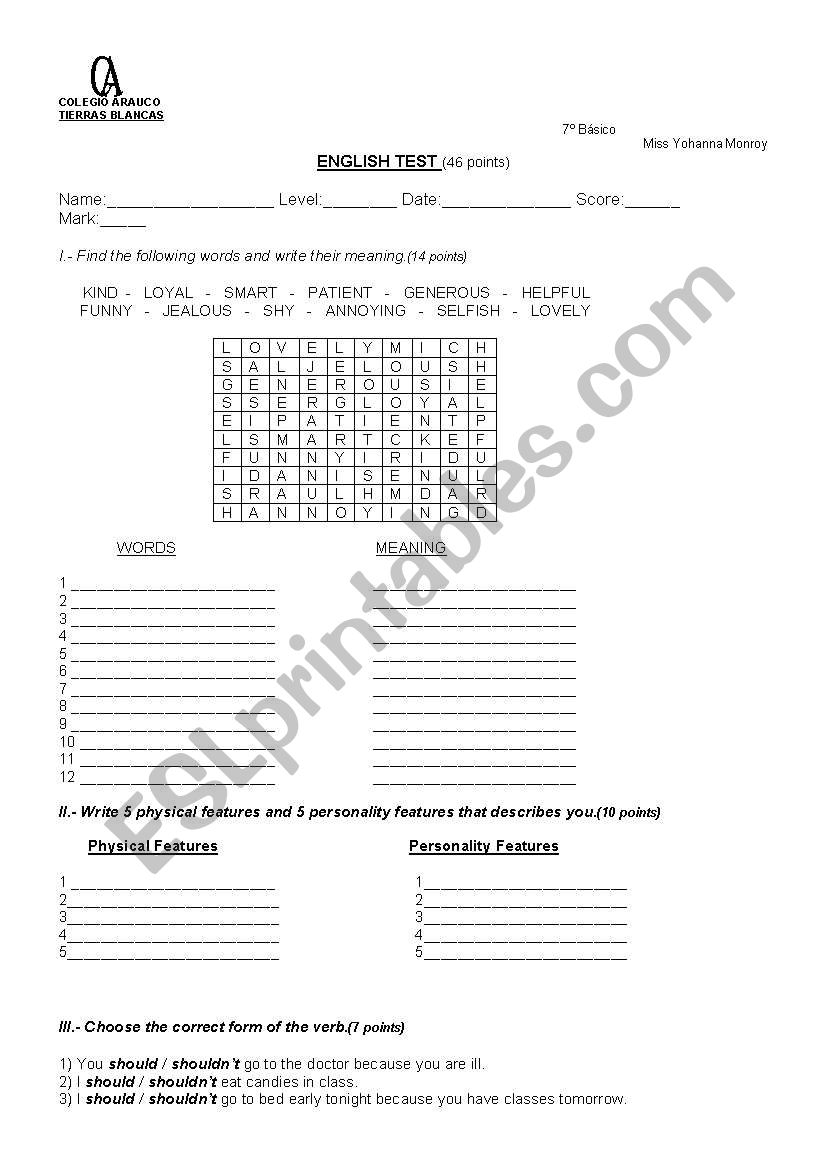 adjectives test worksheet