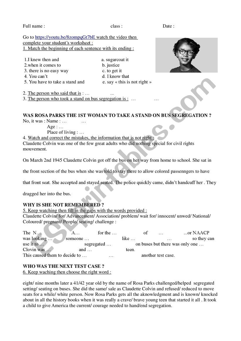 The story of Claudette Colvin worksheet