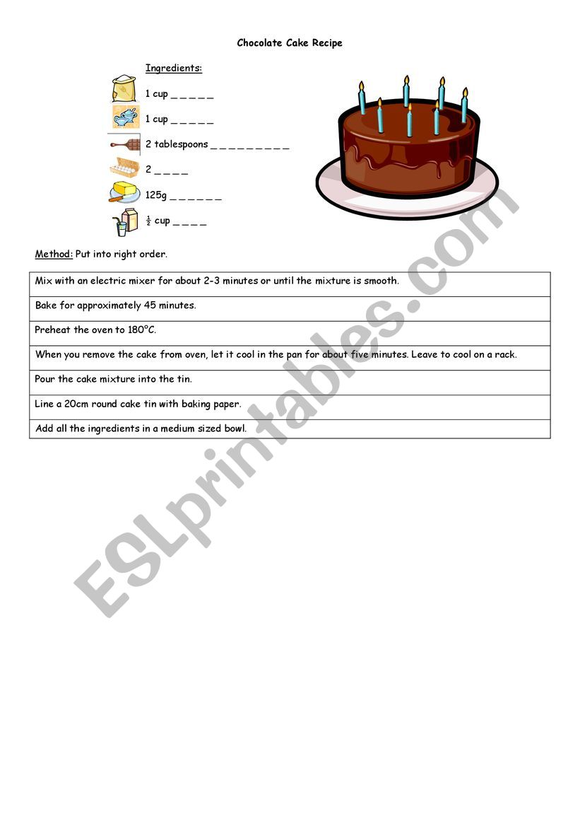 Cooking chokolate cake worksheet