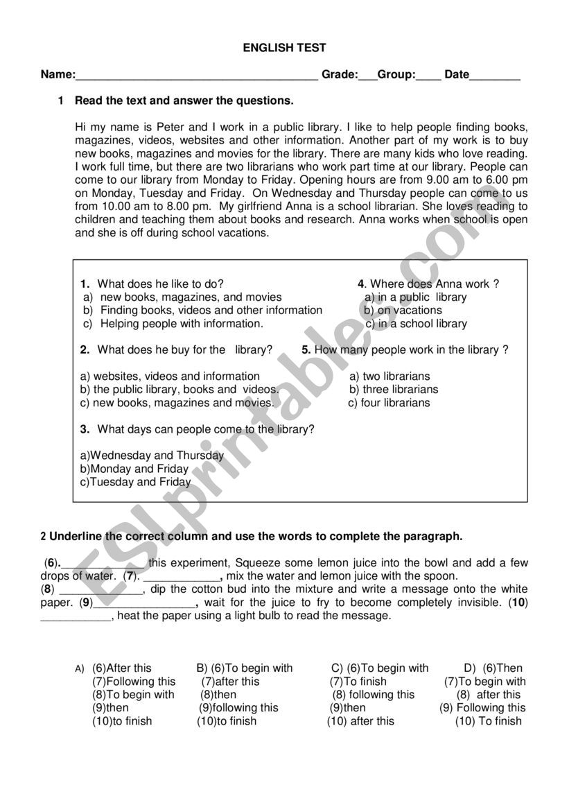 English Test 2 grade Secundary  school