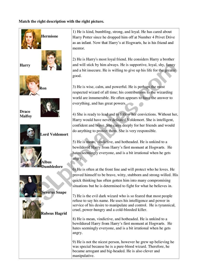 Harry Potter Characters worksheet