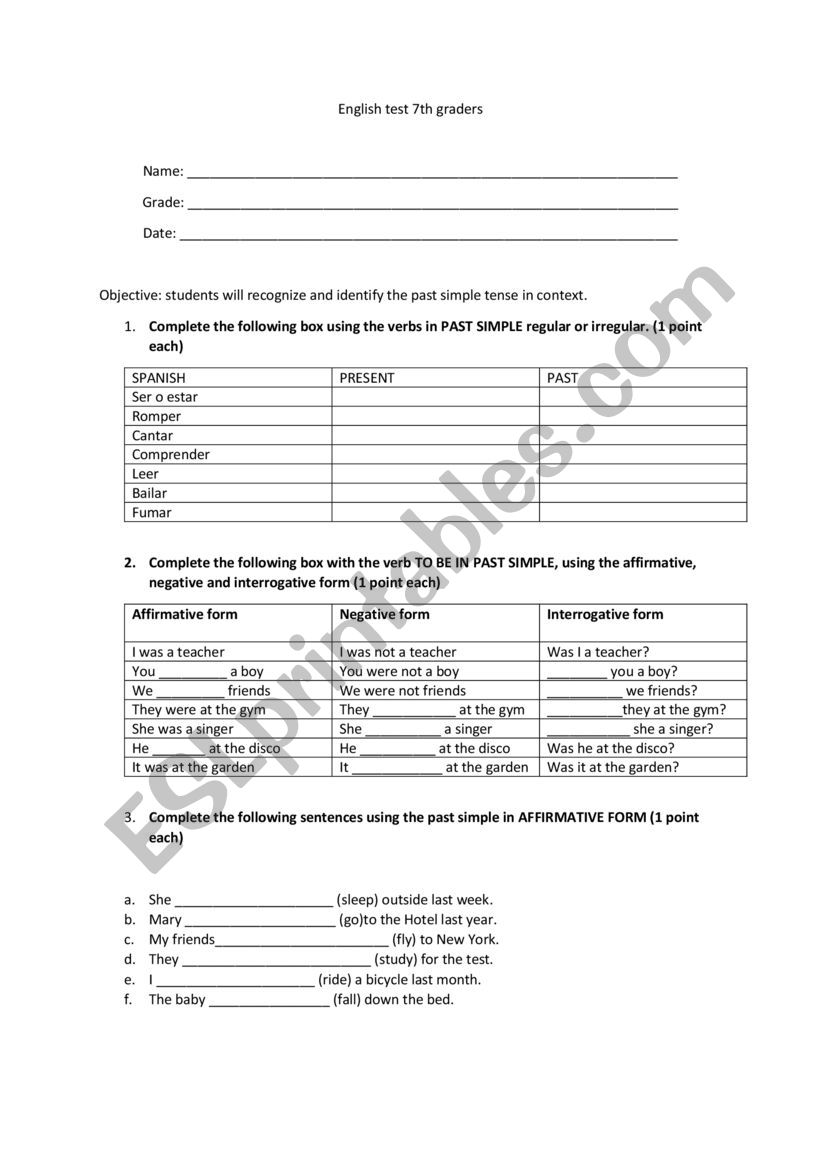 Past simple tense worksheet