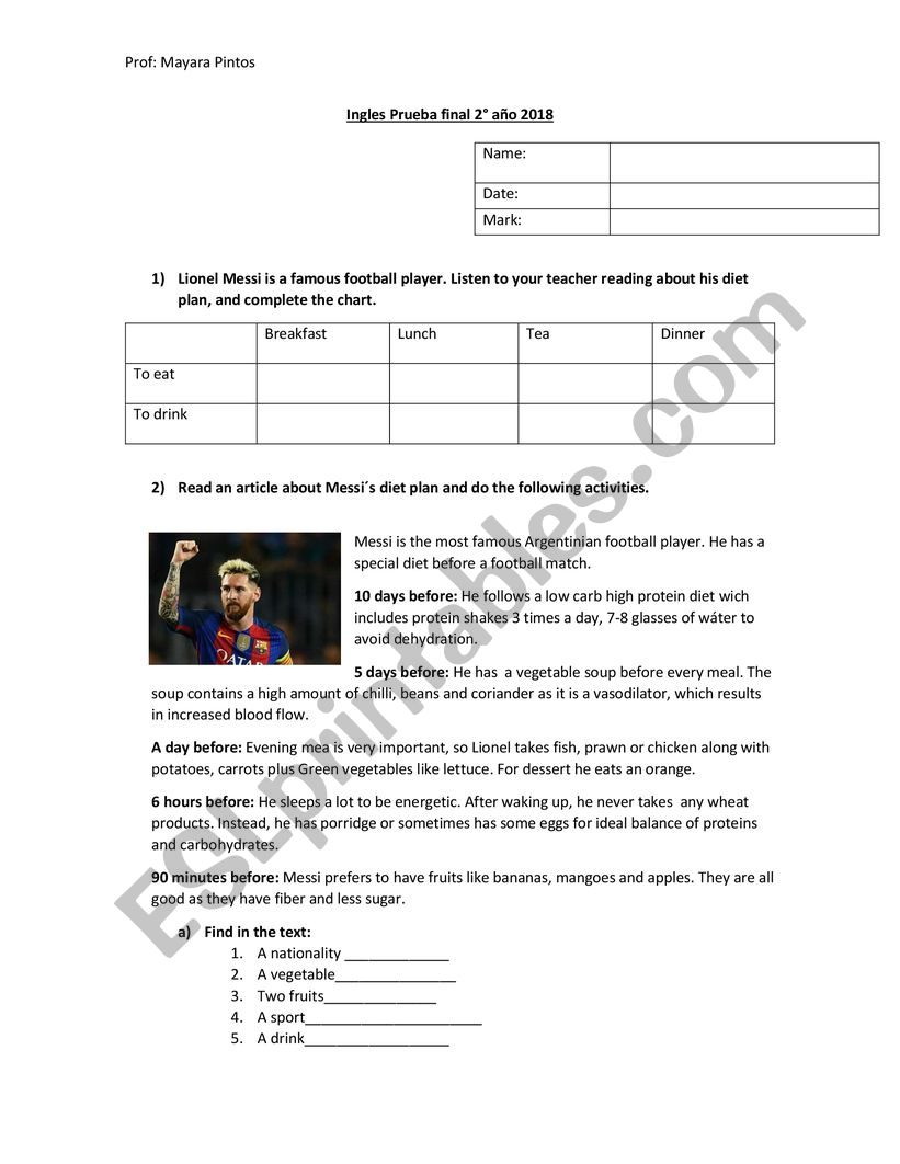 Messi´s diet plan - ESL worksheet by MYPD