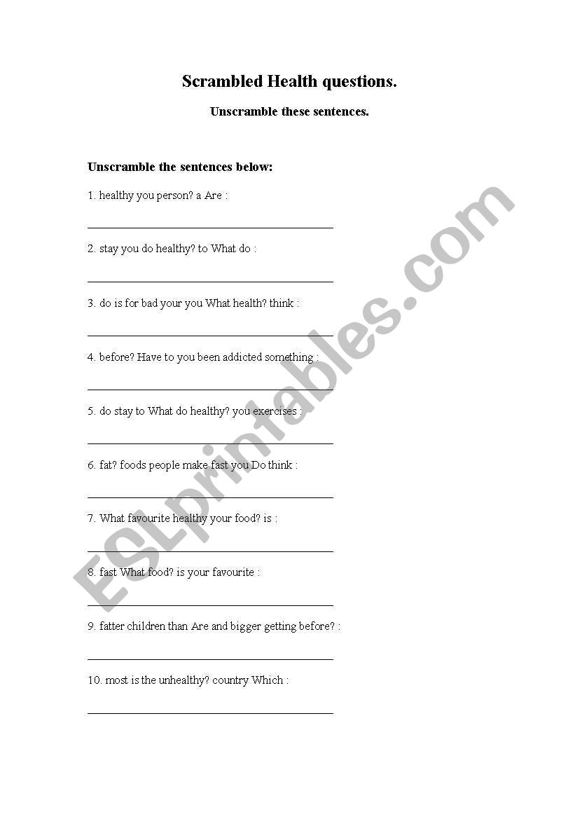 Scambled Health questions worksheet