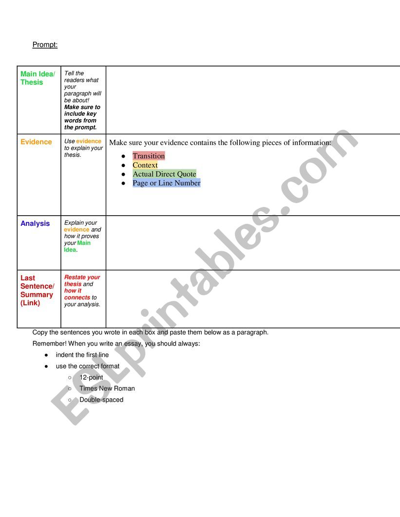 MEAL paragraph writing template