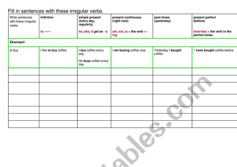 irregular verbs list with example sentences