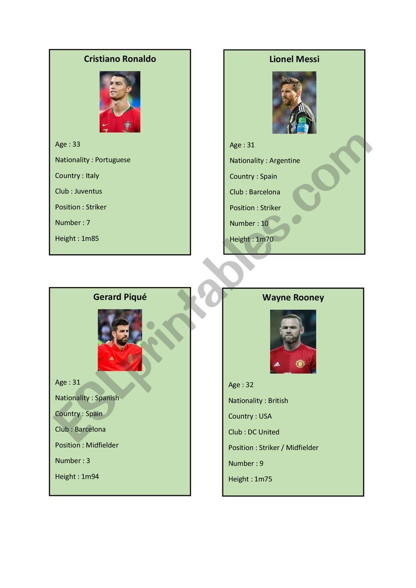 Soccer Game cards worksheet