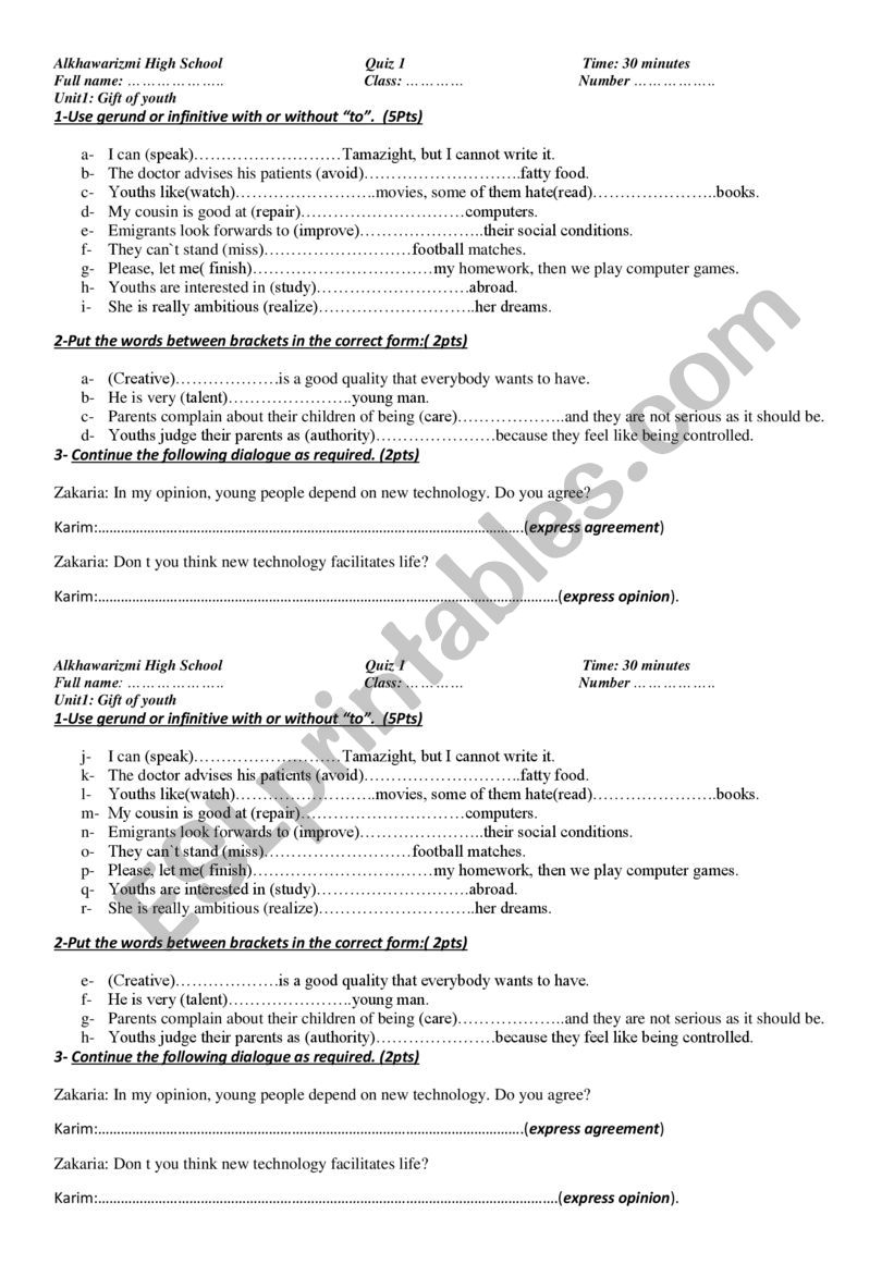 quiz 1 unit gift of youth worksheet