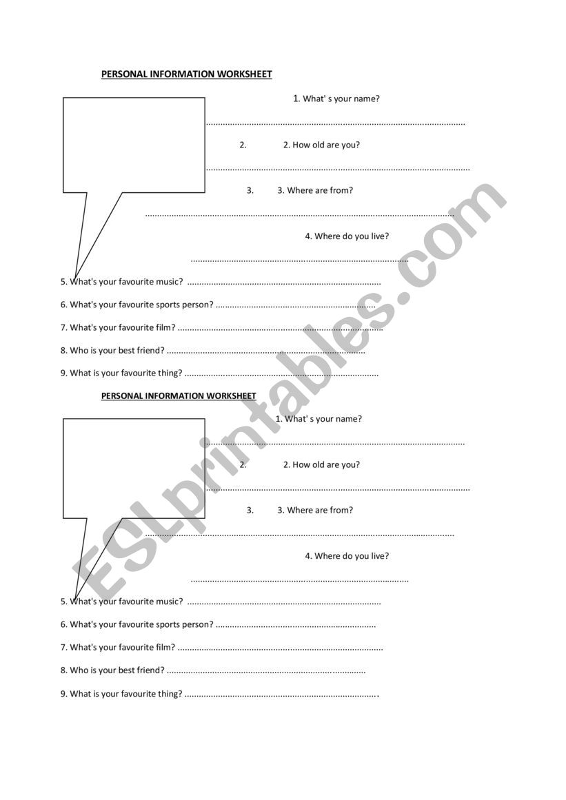 Personal information worksheet