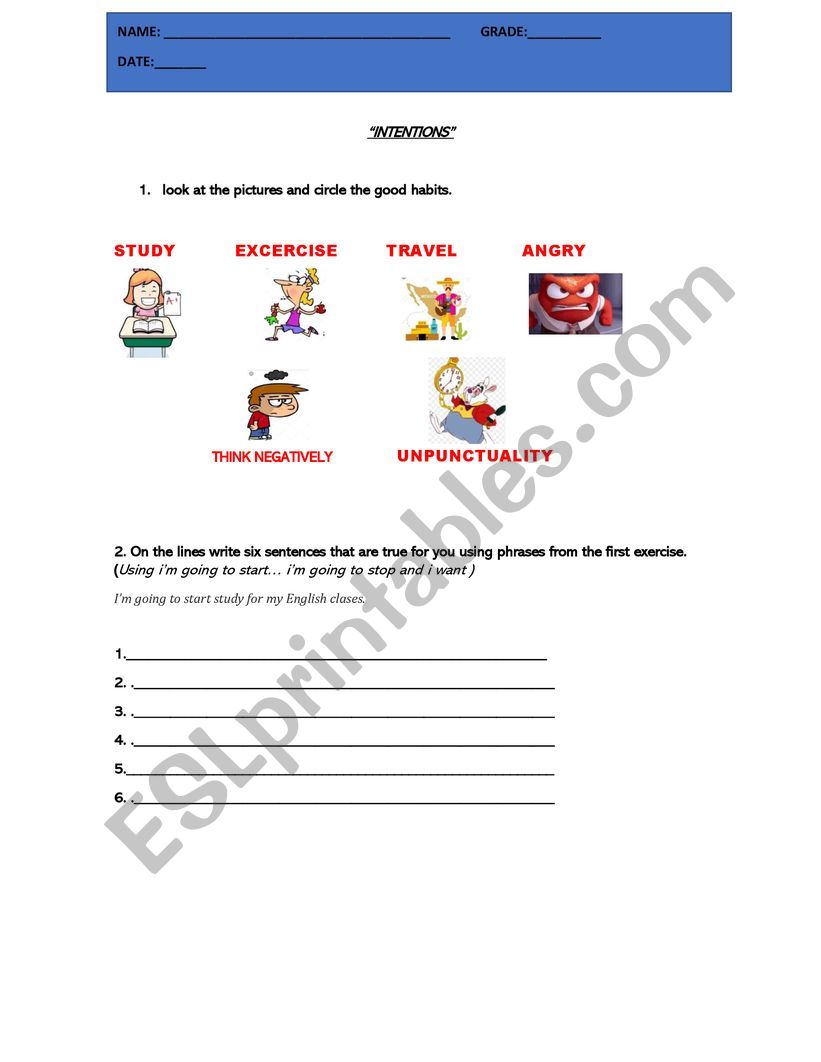 INTENTIONS worksheet