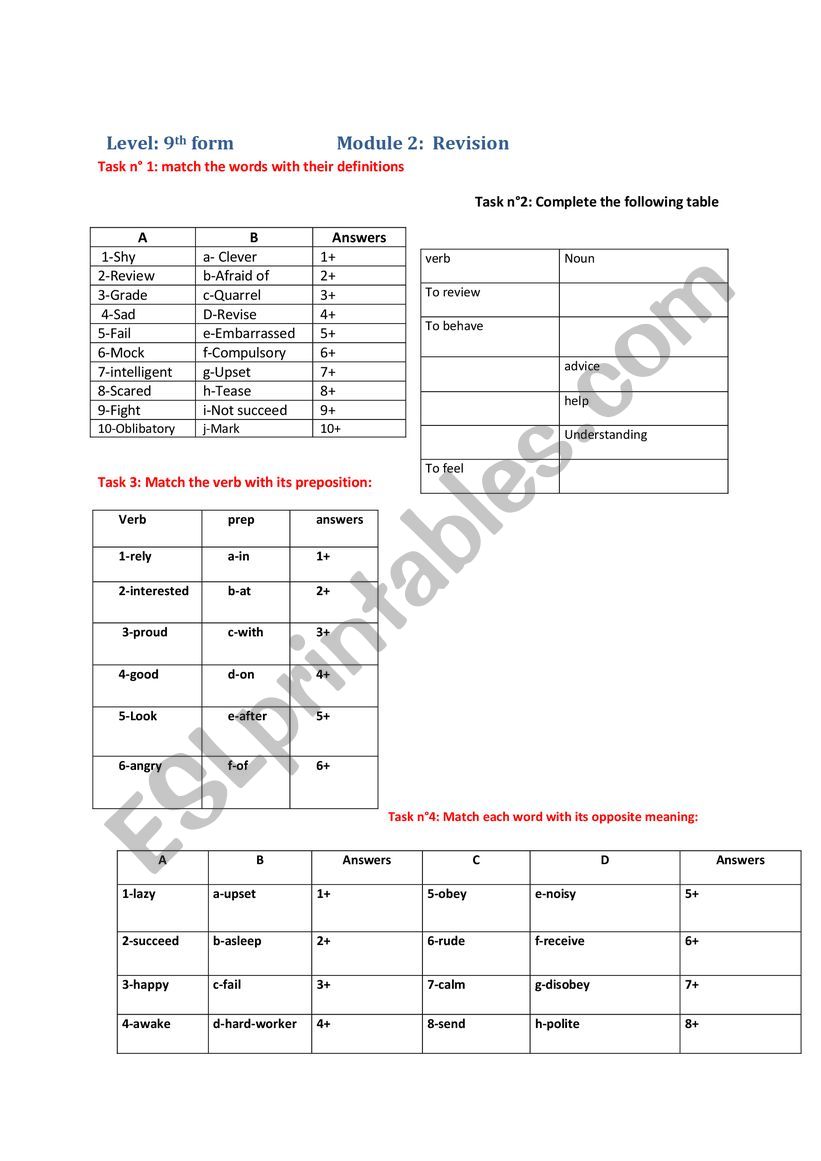 9th form module 2 revision worksheet