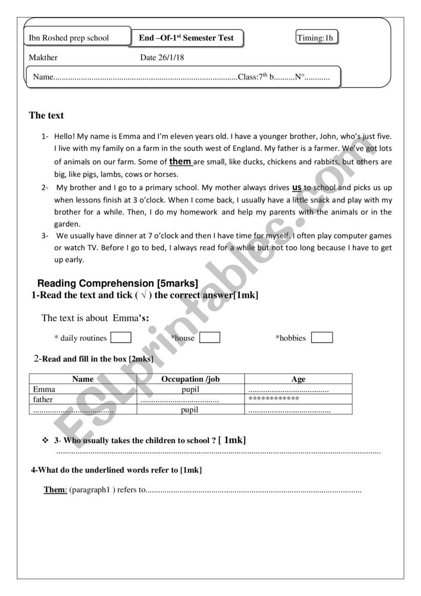 end- term test 7TH FORM worksheet