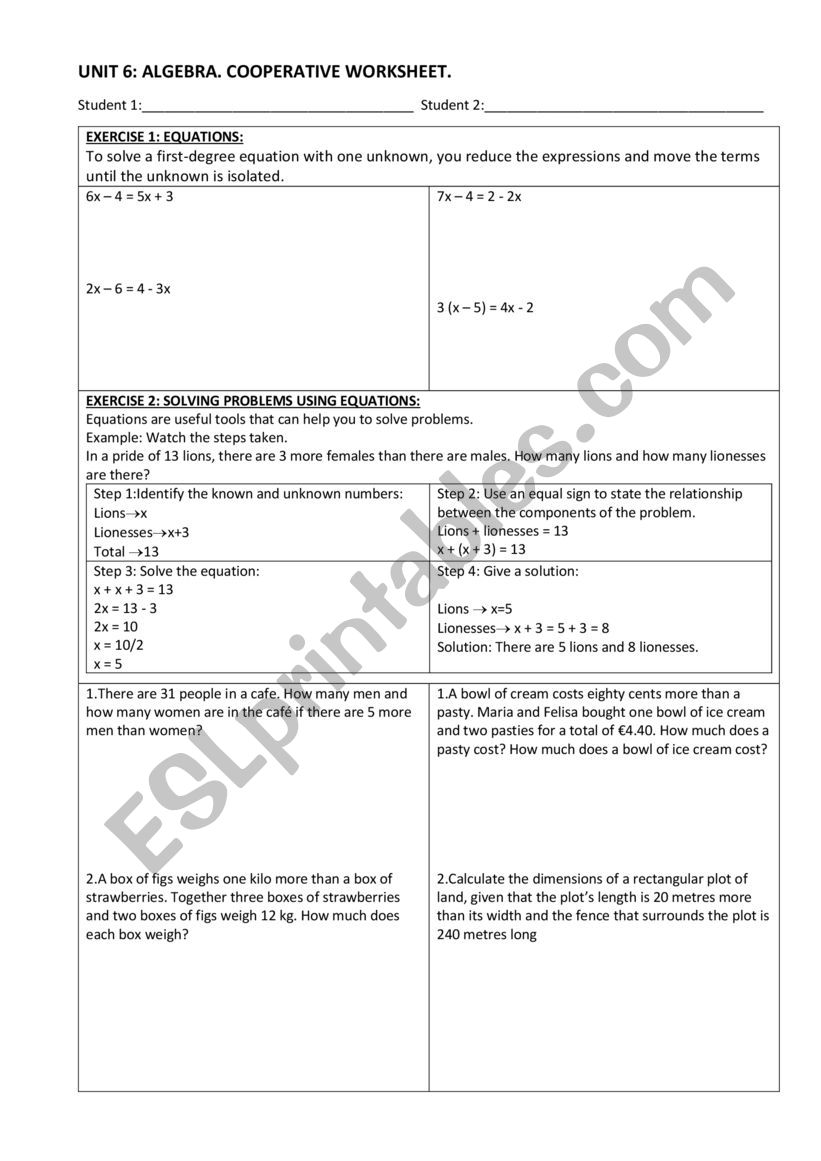 Algebra cooperative worksheet