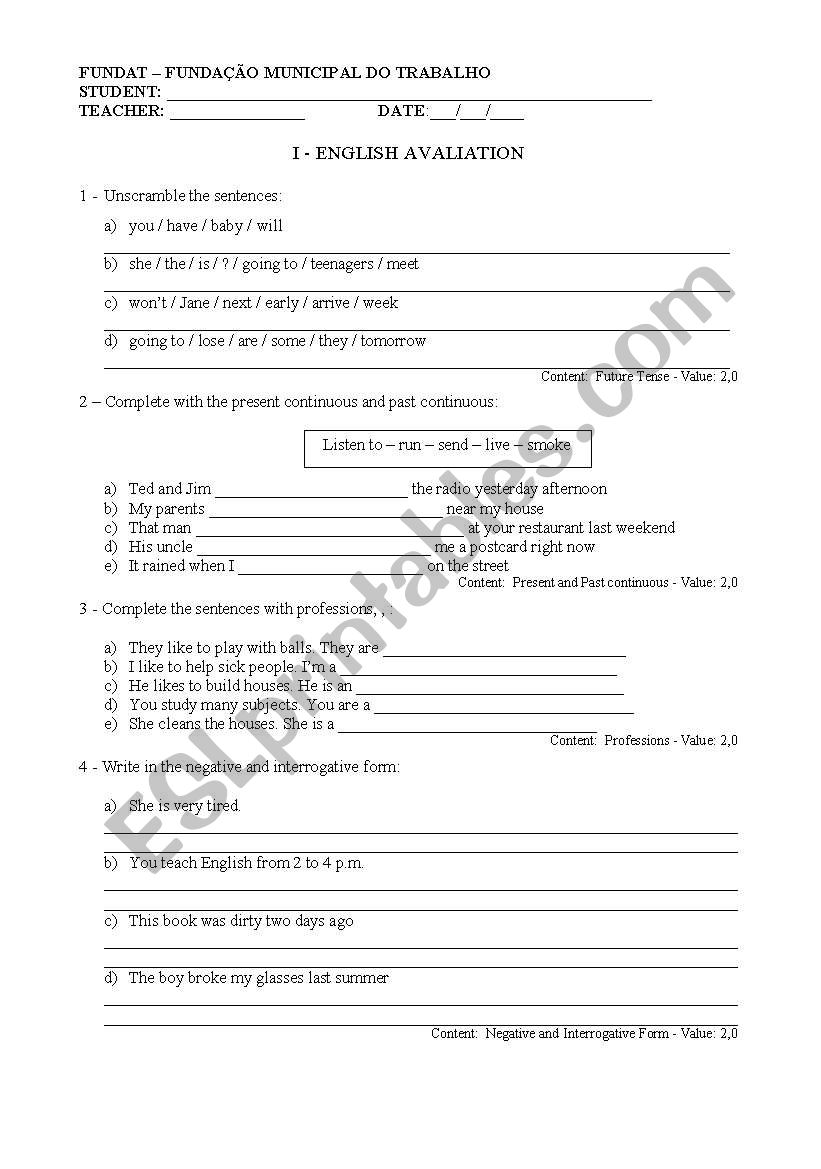 test worksheet