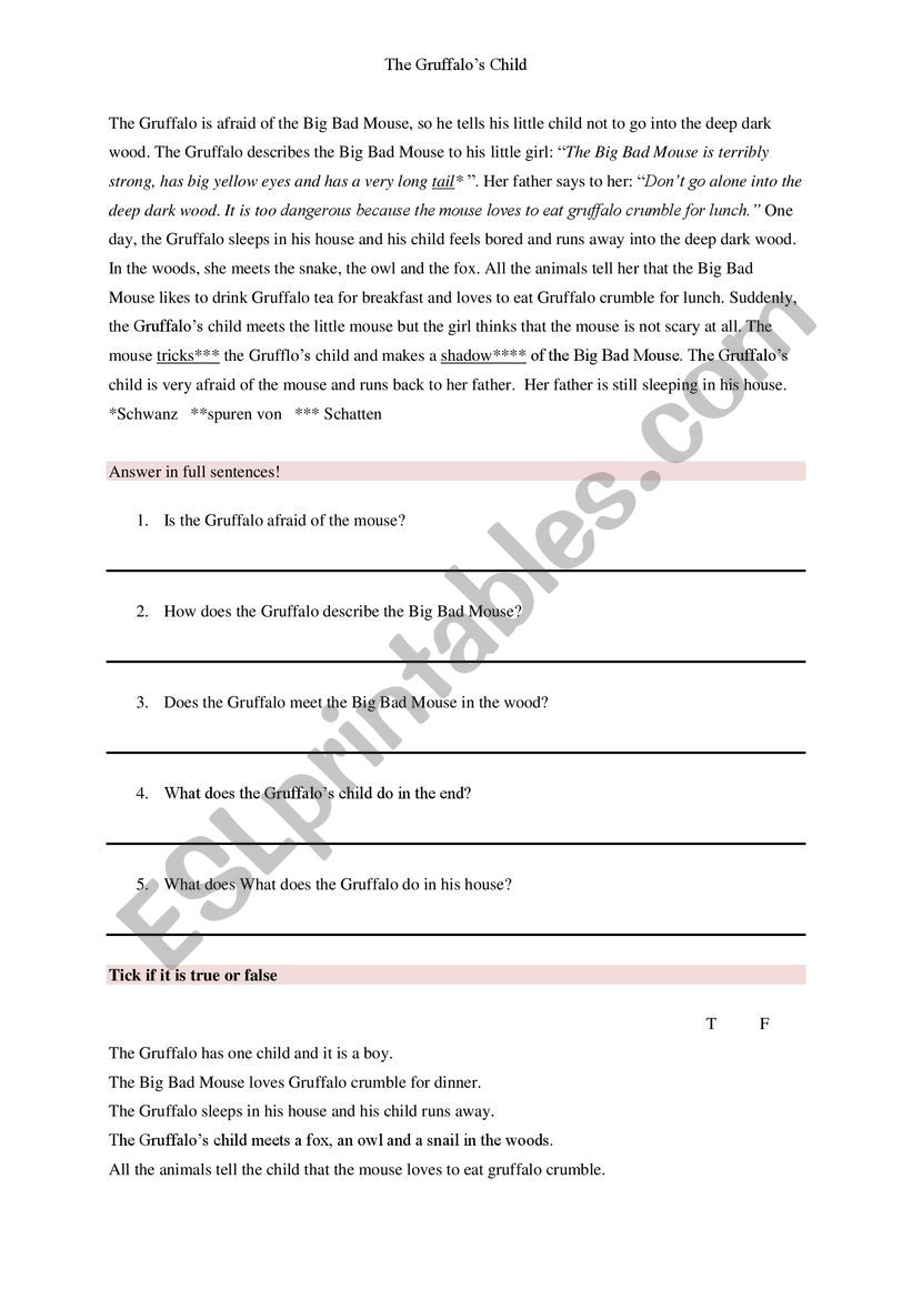 Gruffalo´s Child Reading Comprehension - ESL worksheet by libin