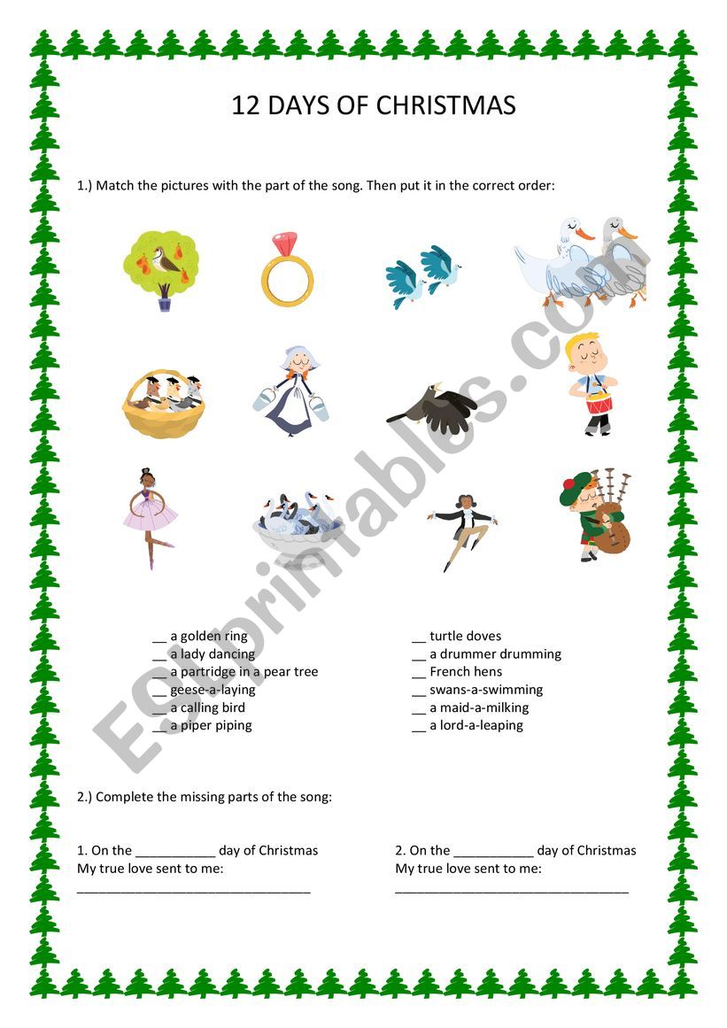 Twelve Days Of Christmas Worksheet ESL Worksheet By Mtrinki