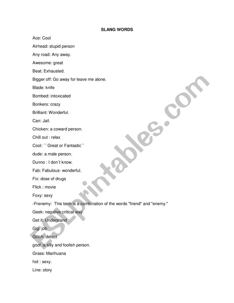Slang words in english  worksheet