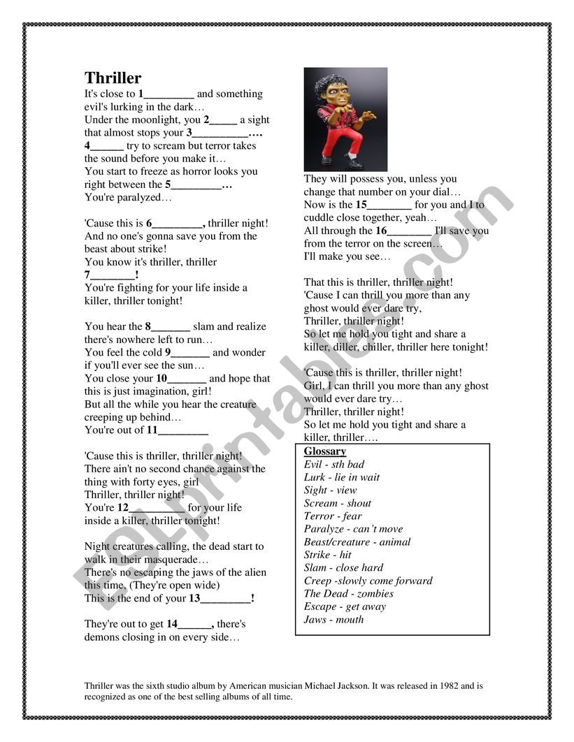 Thriller Halloween worksheet