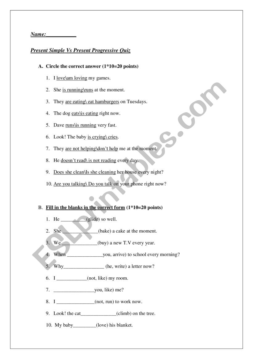 Grammar Quiz Pre.Simple Vs Pre.Progressive