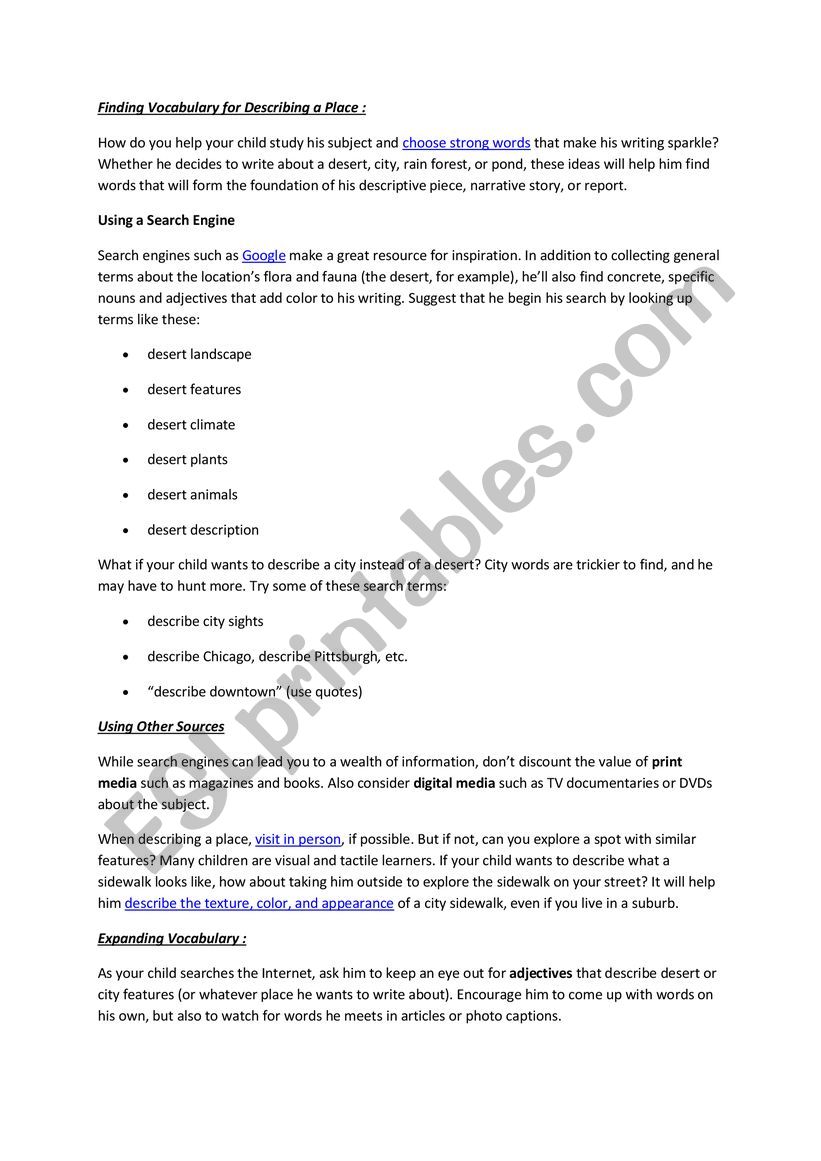 descriptive writing worksheet