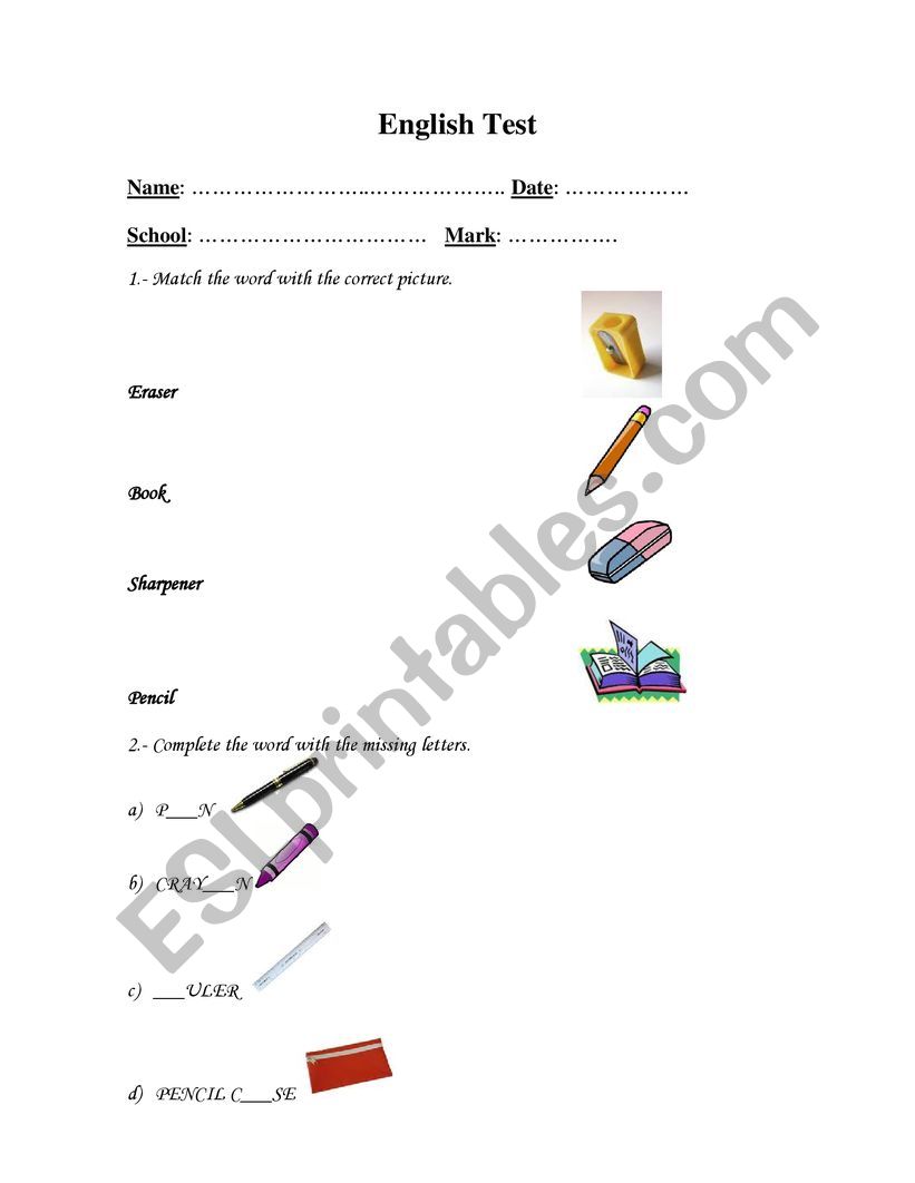  classroom objects test worksheet