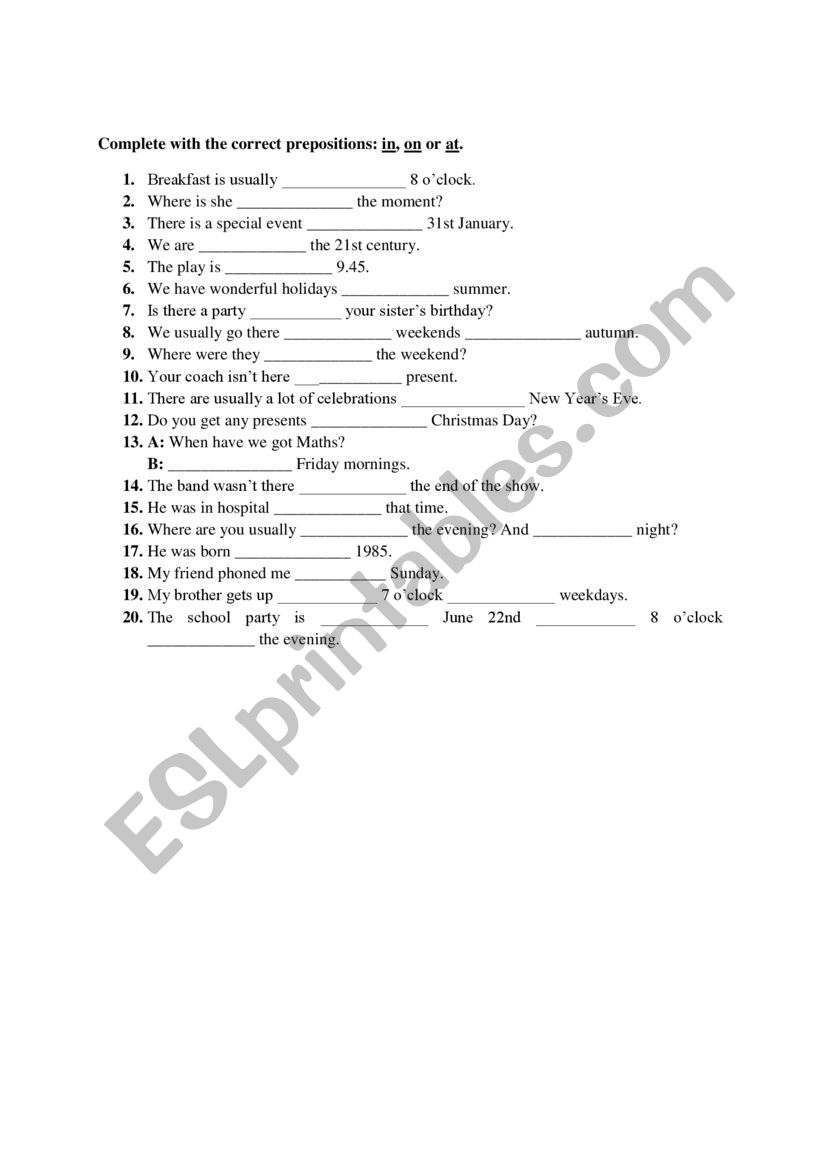 Prepositions (in, on, at) worksheet