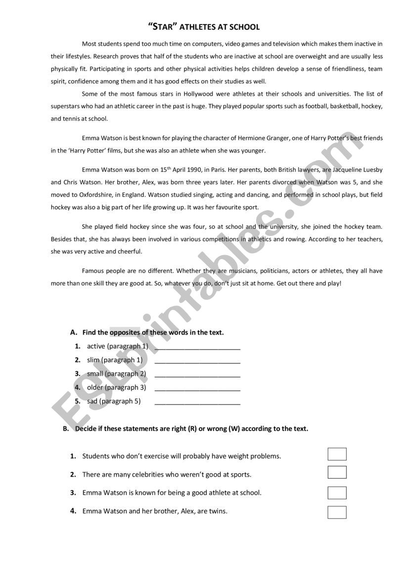 “star” Athletes At School 7th Grade Test - Esl Worksheet By 