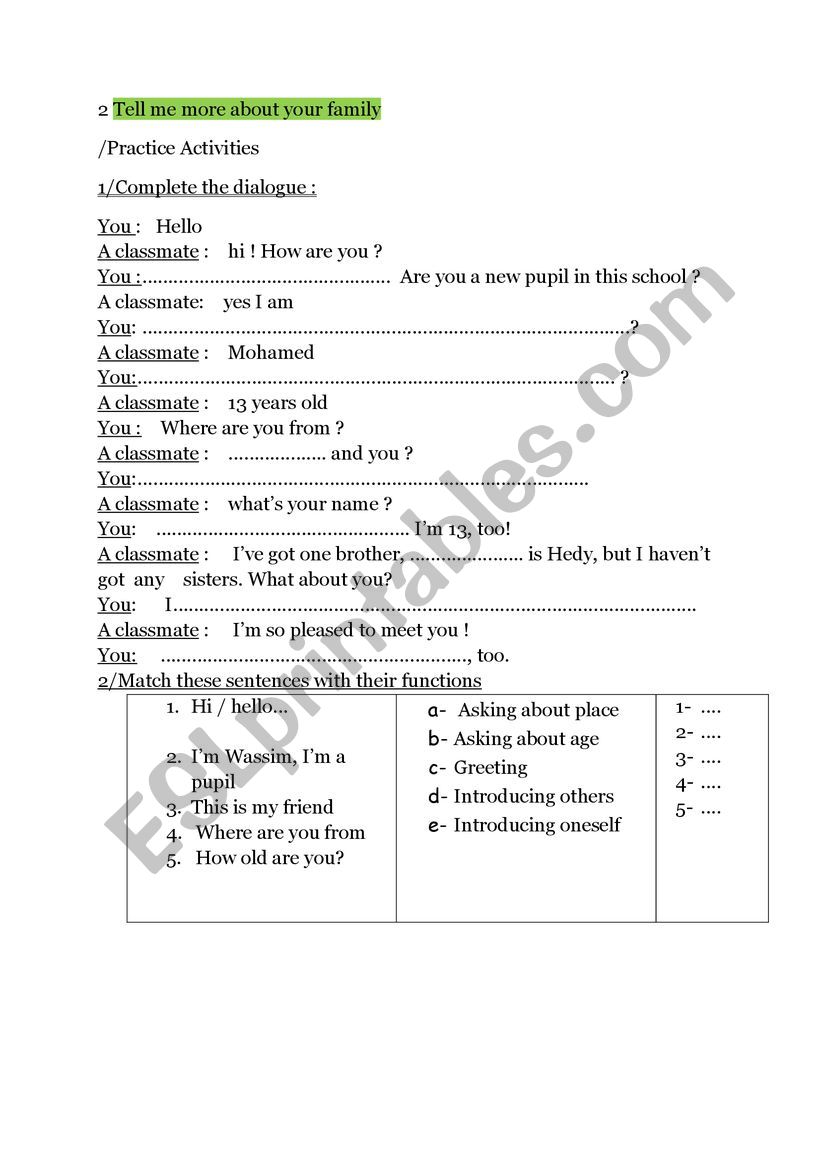 Tell me about your family worksheet