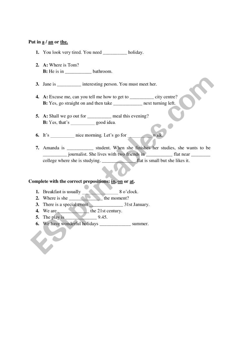 Articles (a, an, the); Prepositions (in, on, at)