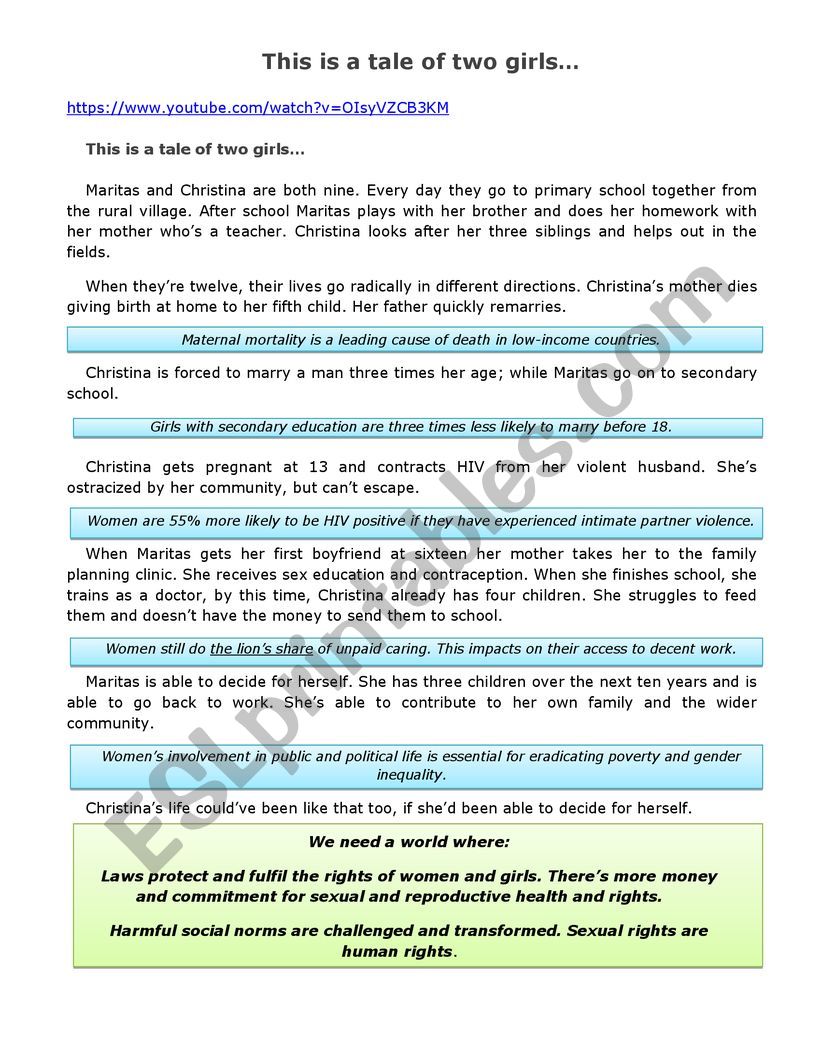 A tale of two girls worksheet