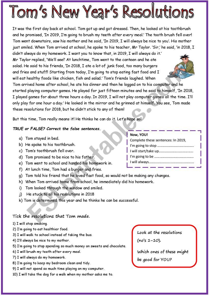 Tom´s New Year´s Resolutions - ESL worksheet by cunliffe