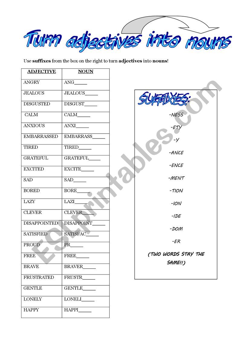 Turn Adjectives Into Nouns ESL Worksheet By Tindra