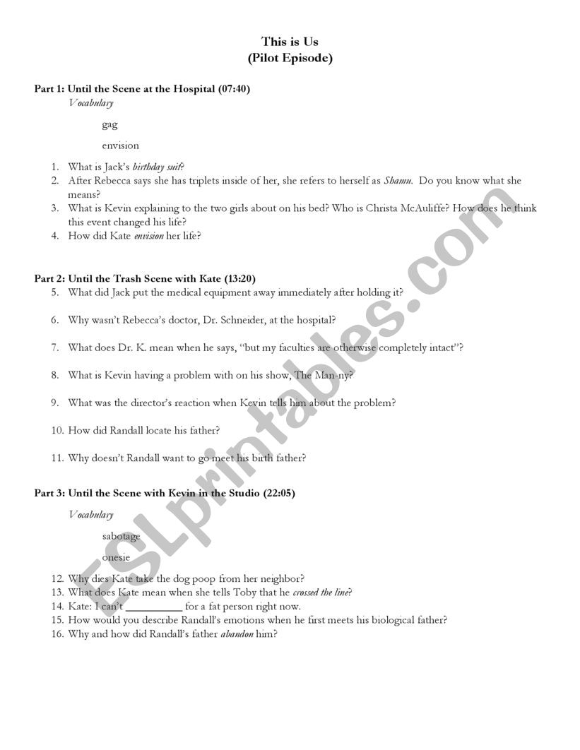 This is Us - Pilot Episode worksheet