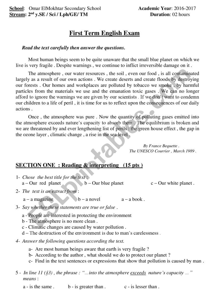 2 nd term english exam worksheet