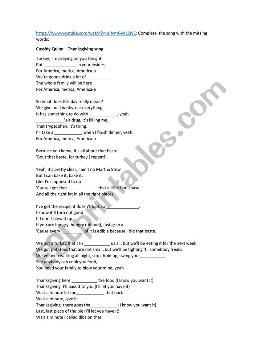 thanksgiving song worksheet