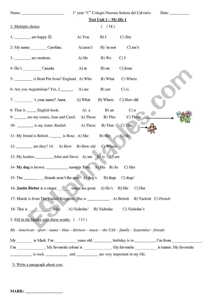 Test Unit 1 My Life 1 worksheet