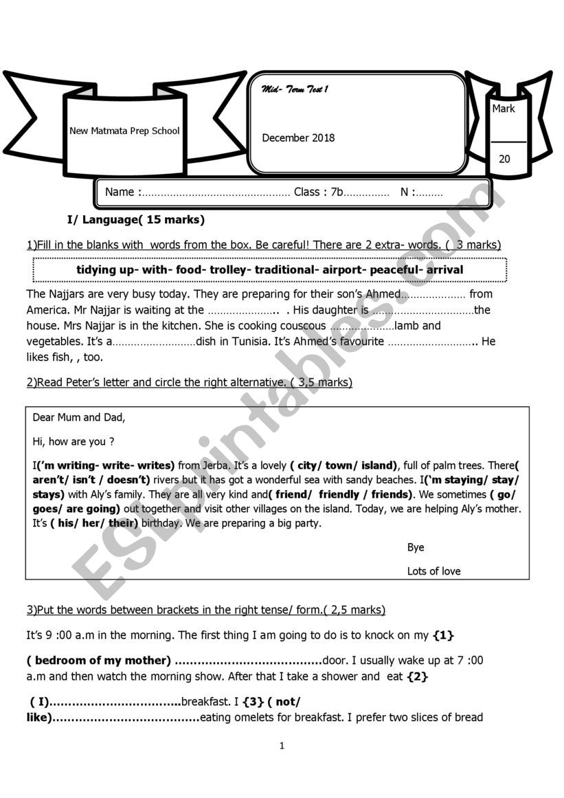 7th Form End Term Test N°1 Esl Worksheet By Gsouma 8266