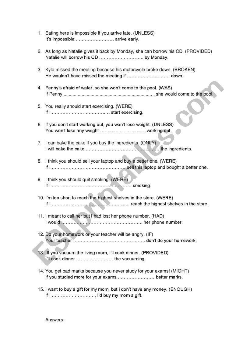 Conditionals paraphrases worksheet