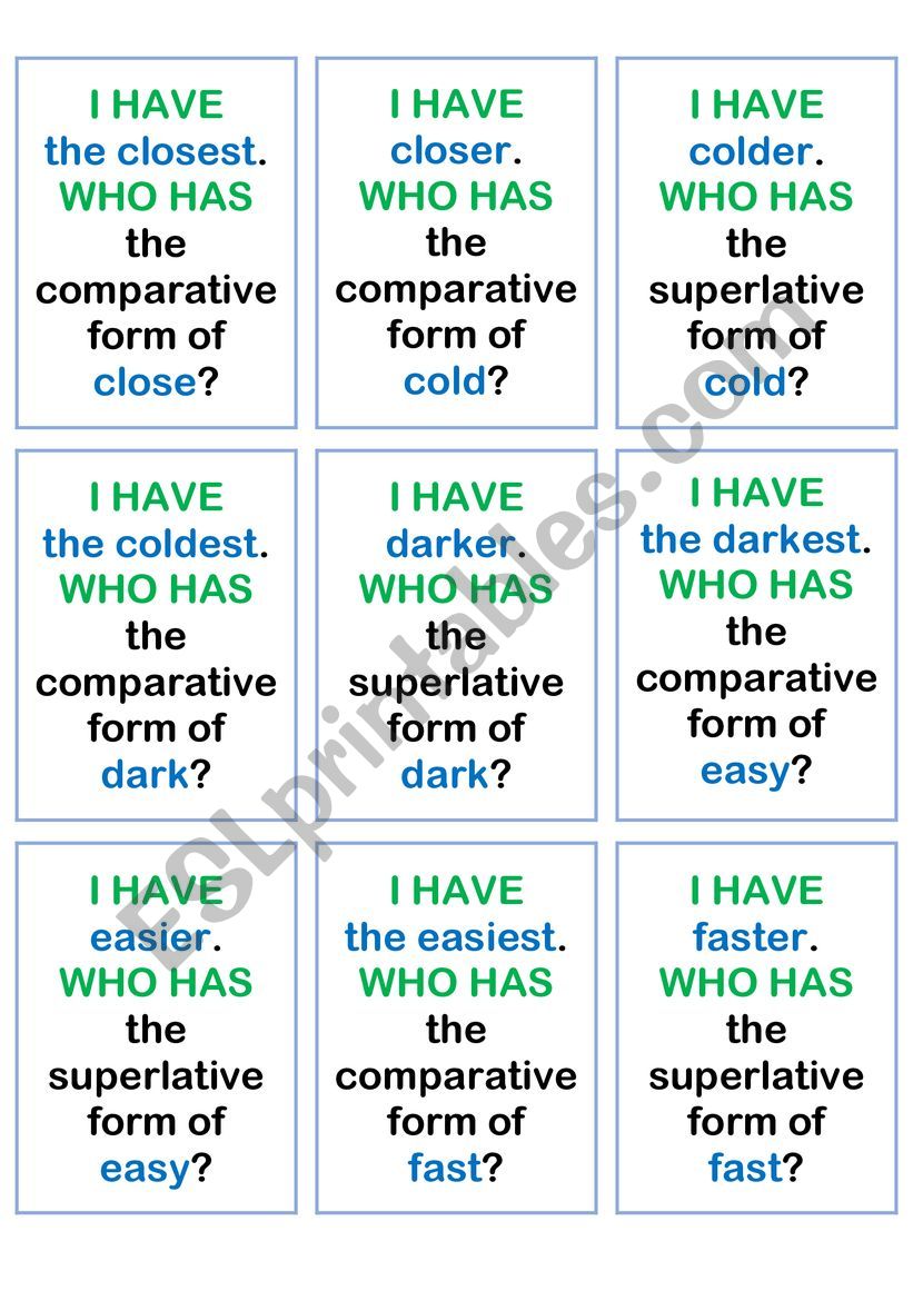 Comparative and superlative I HAVE WHO HAS game - ESL worksheet by pameki