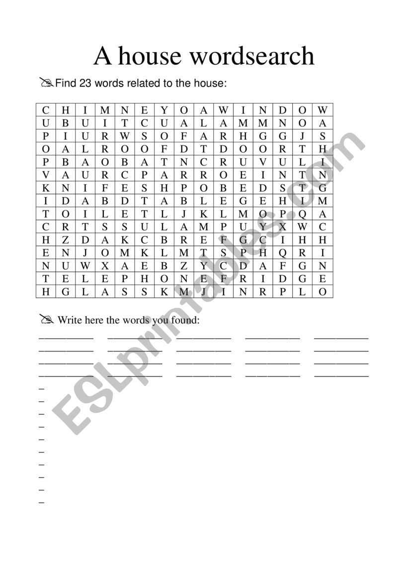 House Wordsearch worksheet