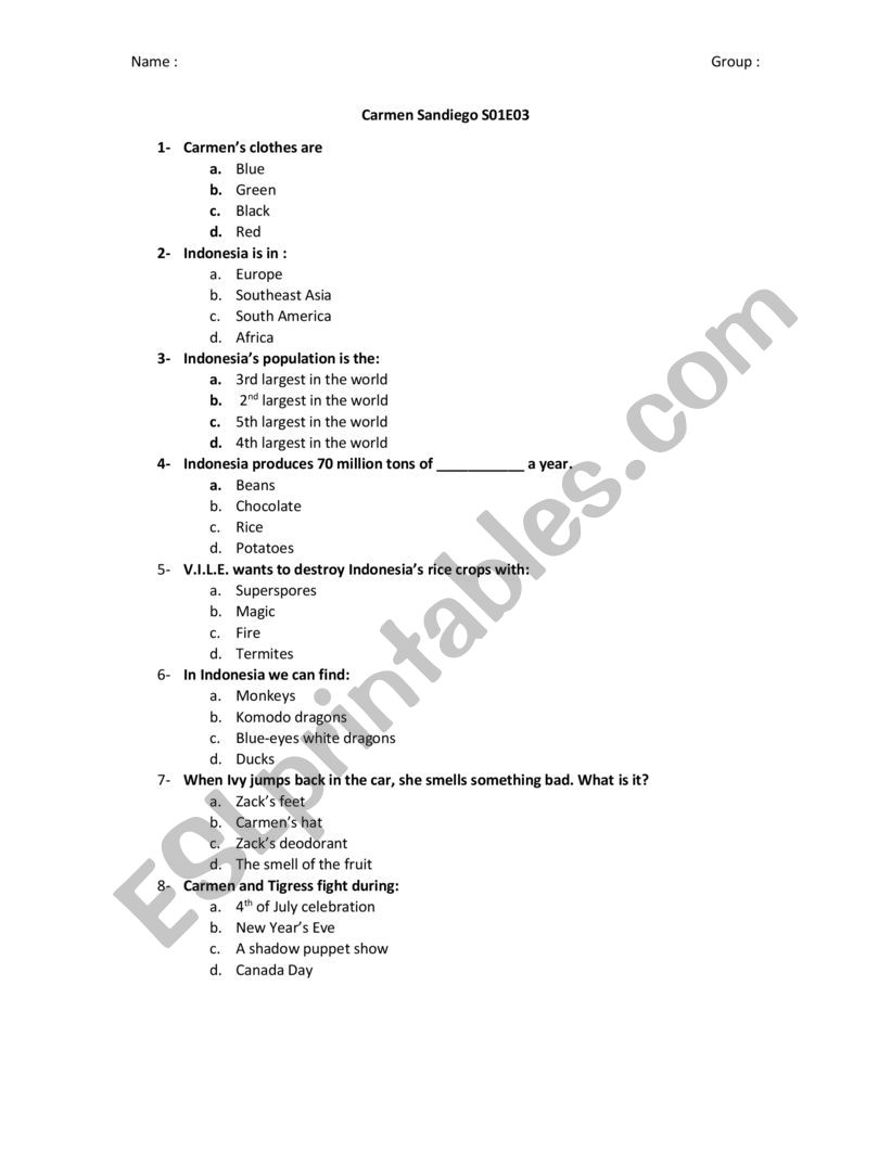 Carmen Sandiego S01E03 worksheet