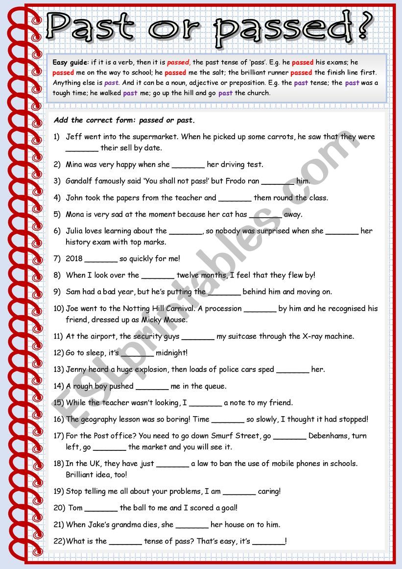 Past Or Passed ESL Worksheet By Cunliffe