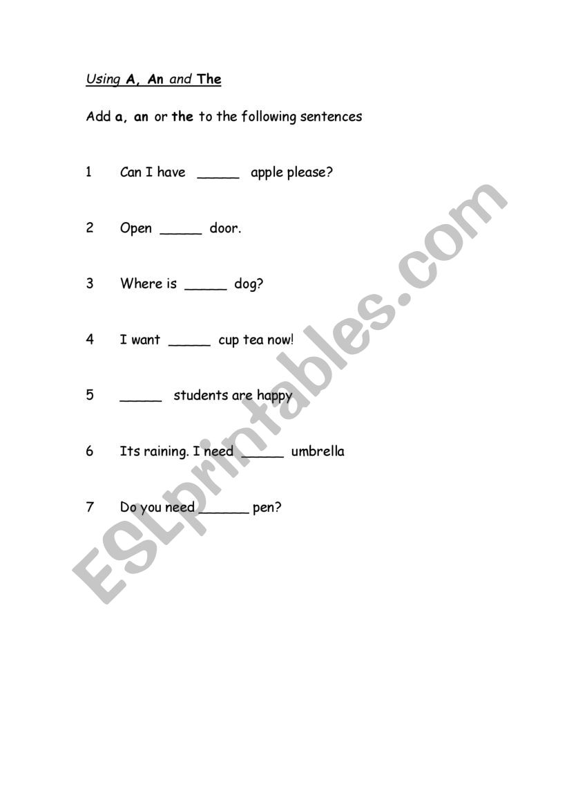 Using A, An or The -sentence gap fill activity