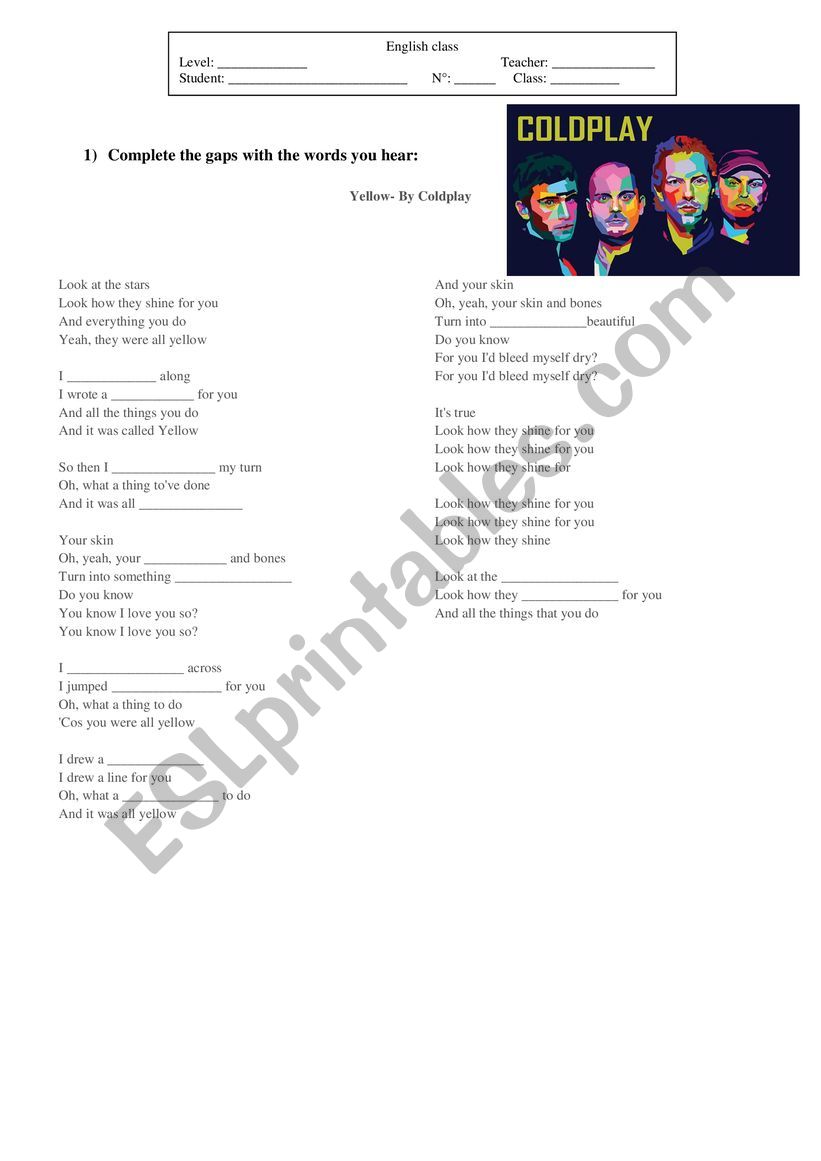 Yellow- By Coldplay worksheet