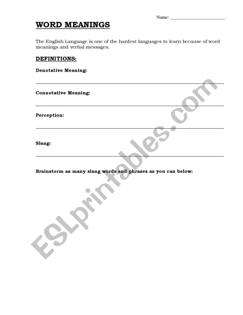 Word Meanings worksheet