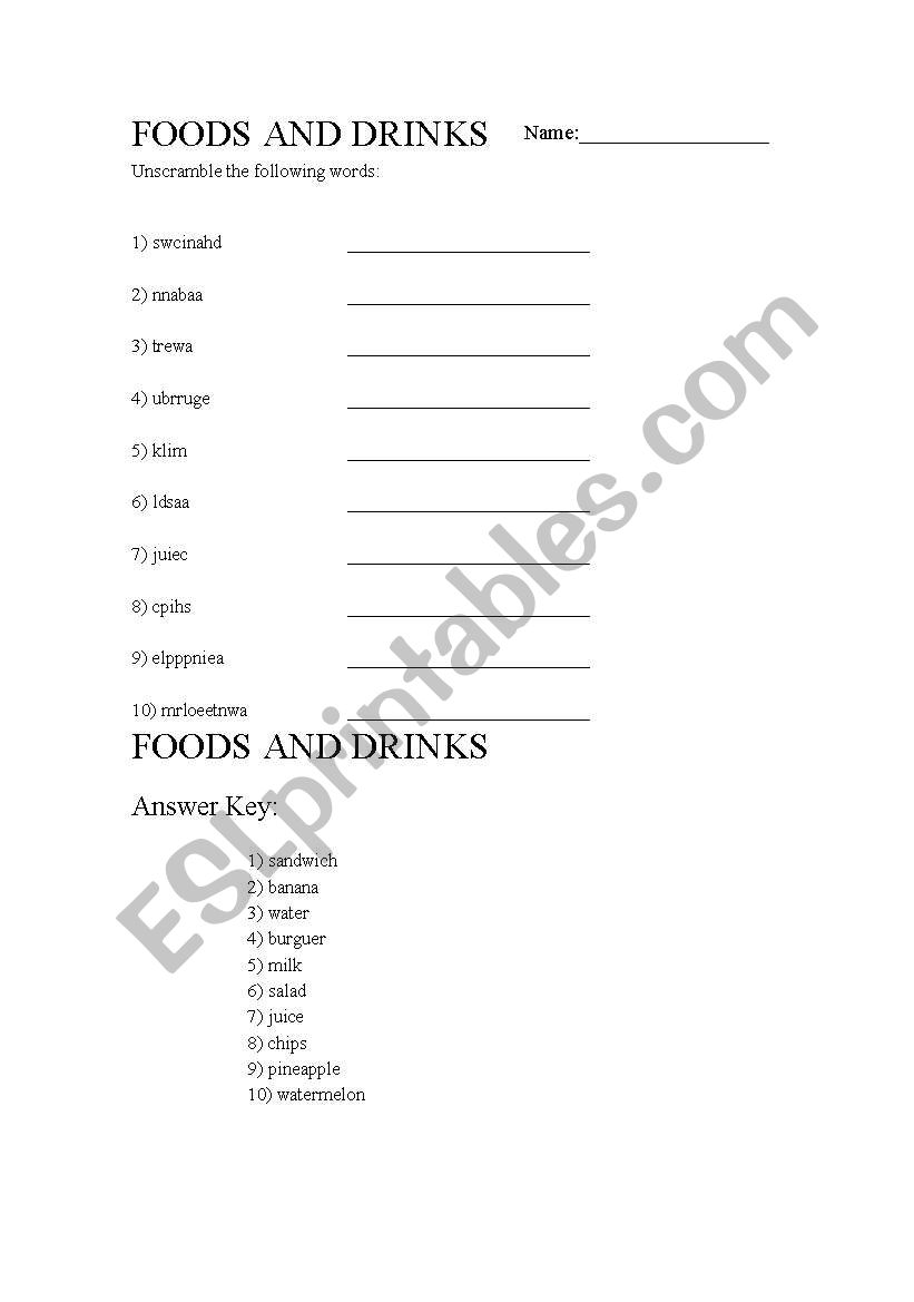 Food and Drinks worksheet