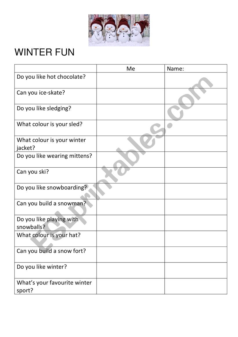 Winter speaking worksheet worksheet